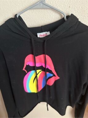 Black Cropped Hoodie with Neon Lip Graphic